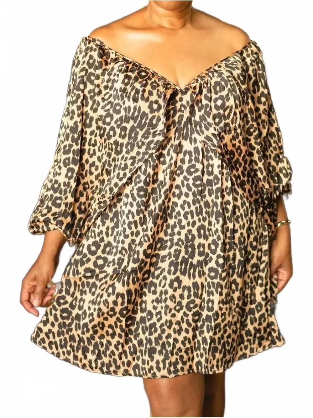 Off-Shoulder Leopard Print Mini Dress - Tan/Black